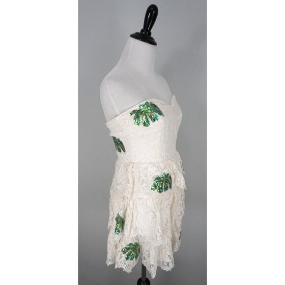 Lovers + Friends White Floral Lace Green Sequin Floral Short Strapless Dress S - Picture 2 of 5